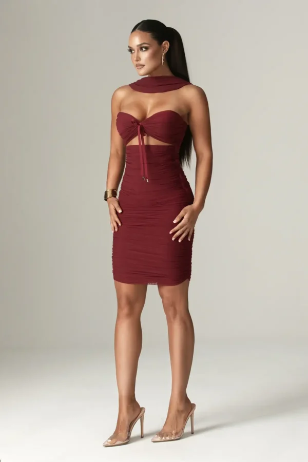 Bellucci Pleated Shawl Neckline Ruched Midi Dress (Burgundy) - Image 3