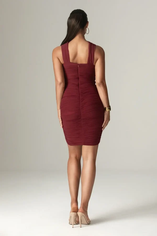Bellucci Pleated Shawl Neckline Ruched Midi Dress (Burgundy) - Image 5