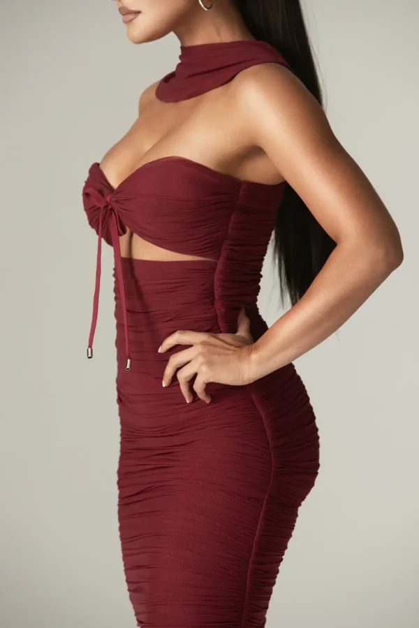 Bellucci Pleated Shawl Neckline Ruched Midi Dress (Burgundy) - Image 6