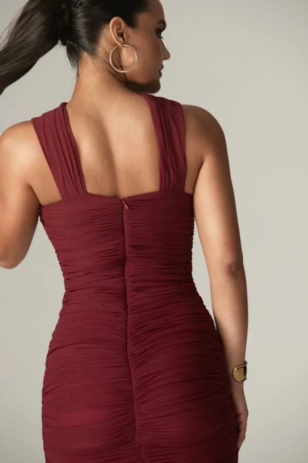 Bellucci Pleated Shawl Neckline Ruched Midi Dress (Burgundy) - Image 7