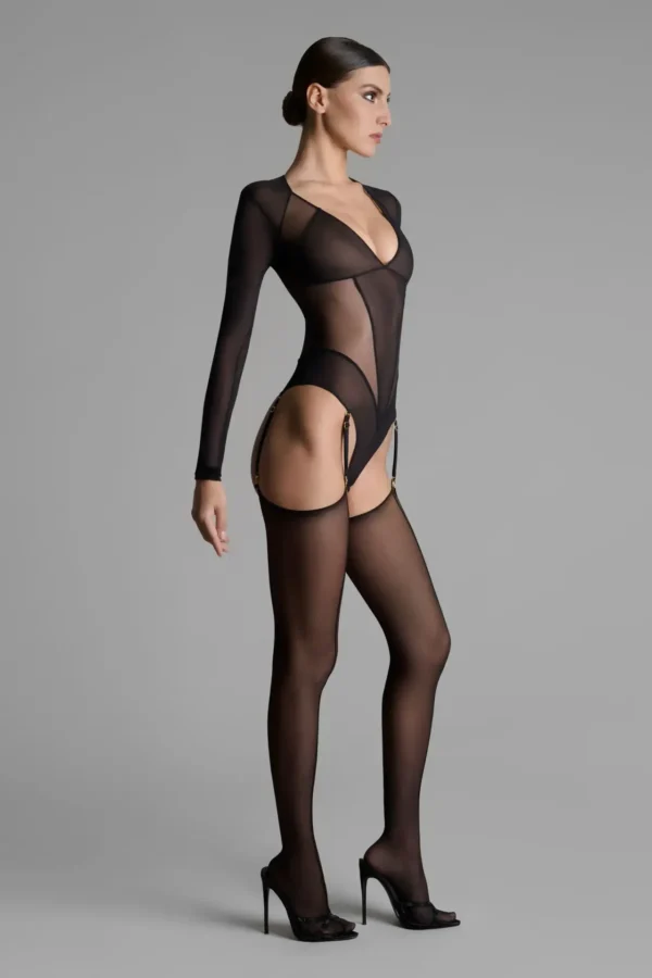L’Amoureuse - Long Sleeve Bodystring With Suspenders – Black - Image 3