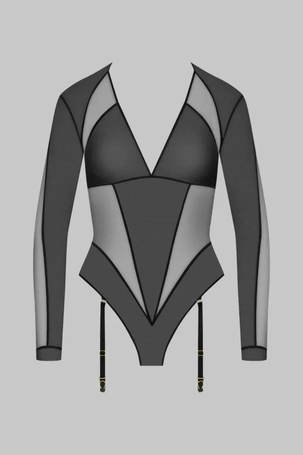 L’Amoureuse - Long Sleeve Bodystring With Suspenders – Black - Image 4