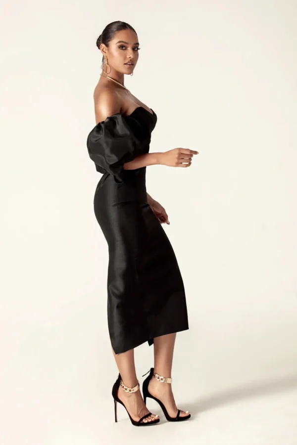 Tiffany Dupioni Puff Sleeve Maxi Dress (Black) - Image 2