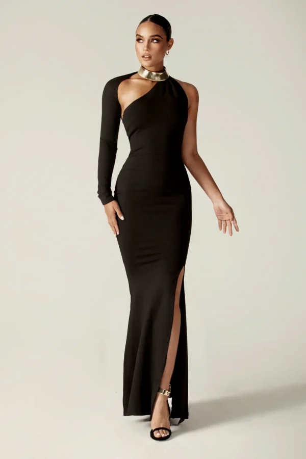 Lilux One Shoulder Modern Maxi Dress (Black)