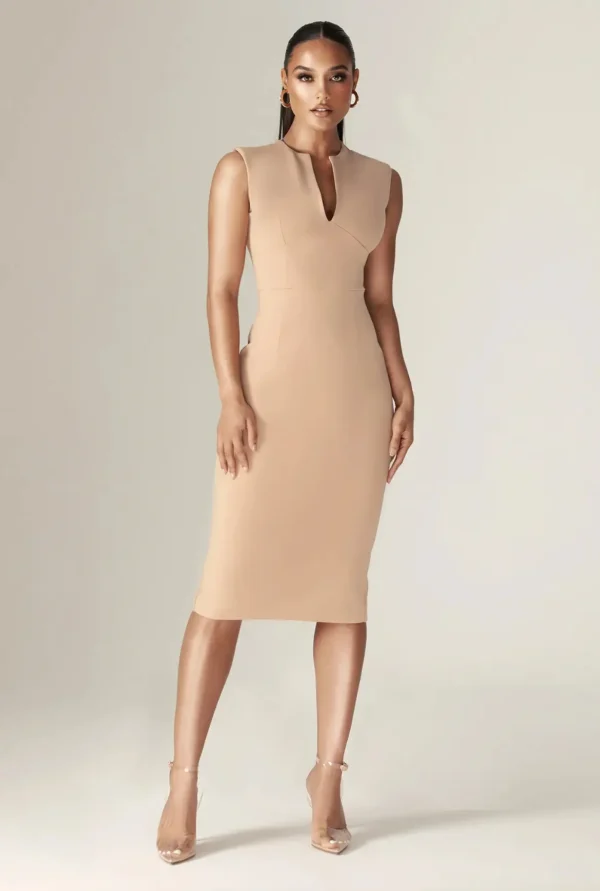 Lianna Deep Slit Neckline Midi Dress - Khaki