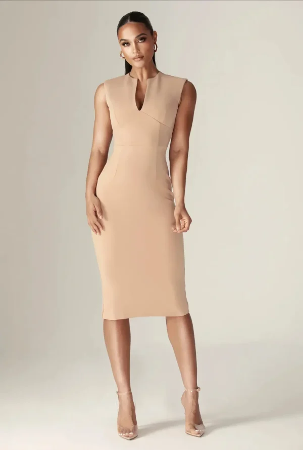 Lianna Deep Slit Neckline Midi Dress - Khaki - Image 2