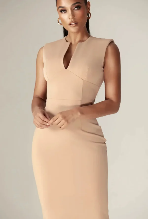 Lianna Deep Slit Neckline Midi Dress - Khaki - Image 5