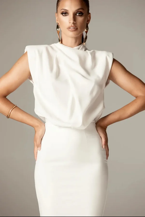 Maxine Draped Crepe Midi Dress White - Image 5
