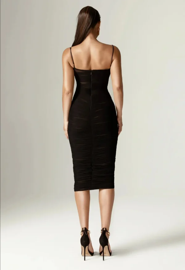 Justina Ruched Organza Mesh Midi Dress - Black - Image 5